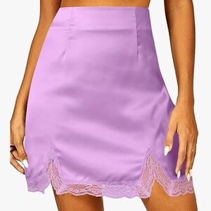Lavender Satin Mini Skirt with Lace Trim